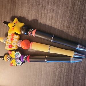 3 Colorful Beaded Pens with Peace Love and Butterfly Designs